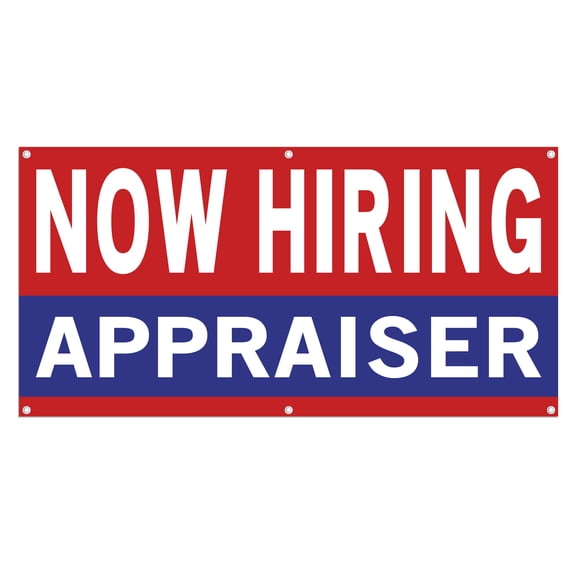 Now Hiring Appraiser 13 oz Heavy Duty Vinyl Banner Appraiser Jobs Available Appraiser Help Wanted Sign for Business Indoor/Outdoor Single-Sided with Metal Grommets (1.5x5 ft, Re & Wh & Bl)