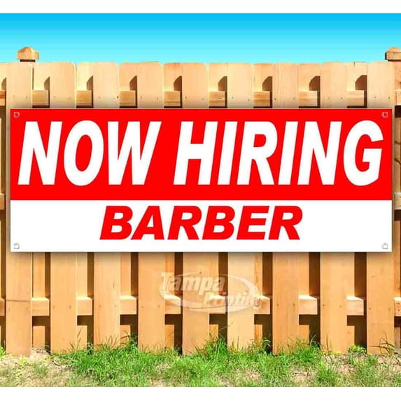 Now Hiring Barber 13 oz Vinyl Banner With Metal Grommets