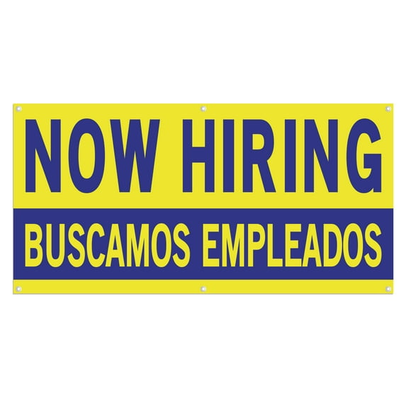 Now Hiring Buscamos Empleados 13 oz Heavy Duty Vinyl Banner - Trabajos Disponibles - Sign for Business Advertising Indoor/Outdoor Single-Sided with Metal Grommets (3x5 ft, Ye & Bl)