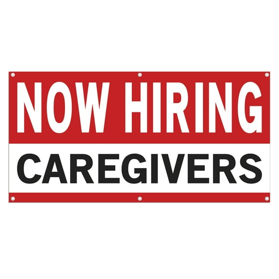 Now Hiring Caregivers 13 oz Heavy Duty Vinyl Banner Caregiver Jobs Available Home Health Care Help Wanted Sign for Business Indoor/Outdoor Single-Sided with Metal Grommets (1.5x5 ft, Wh & Re & Bk)