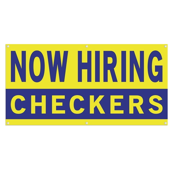 Now Hiring Checkers 13 oz Heavy Duty Vinyl Banner Checker Jobs Available Help Wanted Sign for Business Advertising Indoor/Outdoor Single-Sided with Metal Grommets (3x5 ft, Ye & Bl)