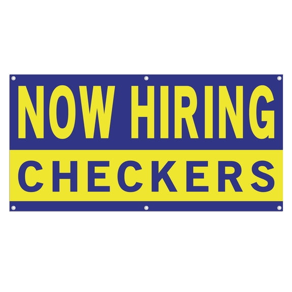 Now Hiring Checkers 13 oz Heavy Duty Vinyl Banner Checker Jobs Available Help Wanted Sign for Business Advertising Indoor/Outdoor Single-Sided with Metal Grommets (1.5x5 ft, Bl & Ye)