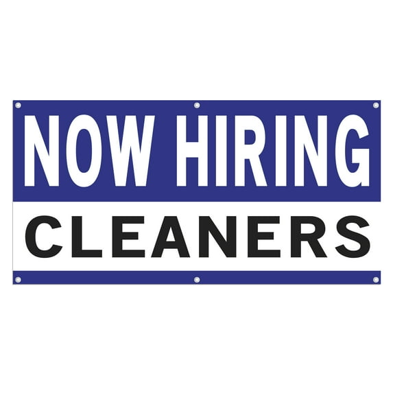Now Hiring Cleaners 13 oz Heavy Duty Vinyl Banner Cleaning Jobs Available Housekeeper Help Wanted Sign for Business Advertising Indoor/Outdoor Single-Sided with Metal Grommets (2x5 ft, Wh & Bl & Bk)