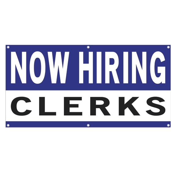 Now Hiring Clerks 13 oz Heavy Duty Vinyl Banner Clerical Jobs Available General Clerks Help Wanted Sign for Business Advertising Indoor/Outdoor Single-Sided w/ Metal Grommets (3x5 ft, Wh & Bl & Bk)