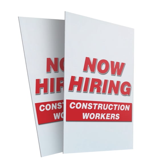Now Hiring Construction Workers (2-PACK) 24" x 36" Plastic Signs | Sign Insert 4mm Corrugated Plastic Signs Storefront Window Poster