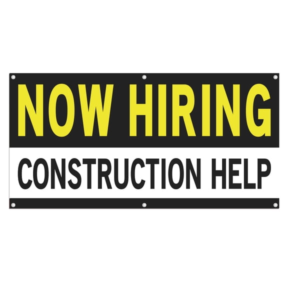 Now Hiring Construction help 13 oz Heavy Duty Vinyl Banner Construction Helper Jobs Available Help Wanted Sign for Business Indoor/Outdoor Single-Sided with Metal Grommets (1.5x5 ft, Bk & Wh & Ye)