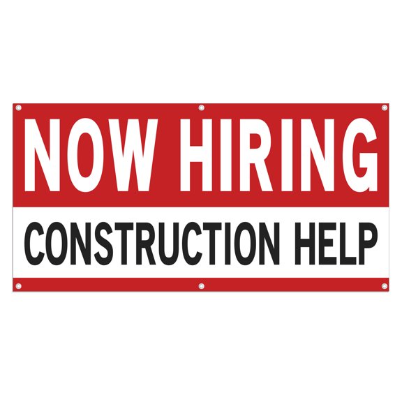Now Hiring Construction help 13 oz Heavy Duty Vinyl Banner Construction Helper Jobs Available Help Wanted Sign for Business Indoor/Outdoor Single-Sided with Metal Grommets (1.5x5 ft, Wh & Re & Bk)