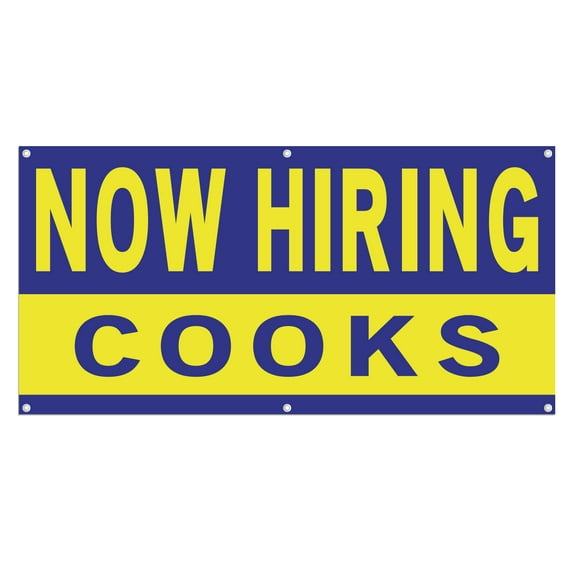 Now Hiring Cooks 13 oz Heavy Duty Vinyl Banner Cook Jobs Available Line Cook Help Wanted Sign for Business Advertising Indoor/Outdoor Single-Sided with Metal Grommets (3x5 ft, Bl & Ye)