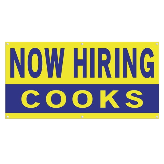 Now Hiring Cooks 13 oz Heavy Duty Vinyl Banner Cook Jobs Available Line Cook Help Wanted Sign for Business Advertising Indoor/Outdoor Single-Sided with Metal Grommets (2x5 ft, Ye & Bl)