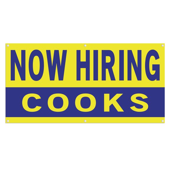 Now Hiring Cooks 13 oz Heavy Duty Vinyl Banner Cook Jobs Available Line Cook Help Wanted Sign for Business Advertising Indoor/Outdoor Single-Sided with Metal Grommets (1.5x5 ft, Ye & Bl)