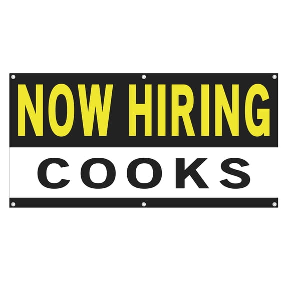 Now Hiring Cooks 13 oz Heavy Duty Vinyl Banner Cook Jobs Available Line Cook Help Wanted Sign for Business Advertising Indoor/Outdoor Single-Sided with Metal Grommets (1.5x5 ft, Bk & Wh & Ye)
