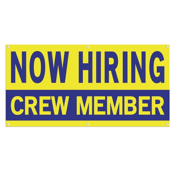 Now Hiring Crew Member 13 oz Heavy Duty Vinyl Banner Crew Member Jobs Available Help Wanted Sign for Business Advertising Indoor/Outdoor Single-Sided with Metal Grommets (1.5x5 ft, Ye & Bl)
