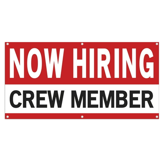 Now Hiring Crew Member 13 oz Heavy Duty Vinyl Banner Crew Member Jobs Available Help Wanted Sign for Business Advertising Indoor/Outdoor Single-Sided with Metal Grommets (1.5x5 ft, Wh & Re & Bk)