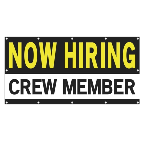 Now Hiring Crew Member 13 oz Heavy Duty Vinyl Banner Crew Member Jobs Available Help Wanted Sign for Business Advertising Indoor/Outdoor Single-Sided with Metal Grommets (4x10 ft, Bk & Wh & Ye)