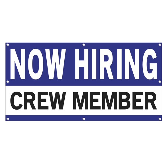Now Hiring Crew Member 13 oz Heavy Duty Vinyl Banner Crew Member Jobs Available Help Wanted Sign for Business Advertising Indoor/Outdoor Single-Sided with Metal Grommets (4x6 ft, Wh & Bl & Bk)