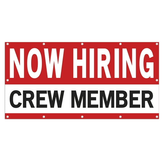 Now Hiring Crew Member 13 oz Heavy Duty Vinyl Banner Crew Member Jobs Available Help Wanted Sign for Business Advertising Indoor/Outdoor Single-Sided with Metal Grommets (4x10 ft, Wh & Re & Bk)