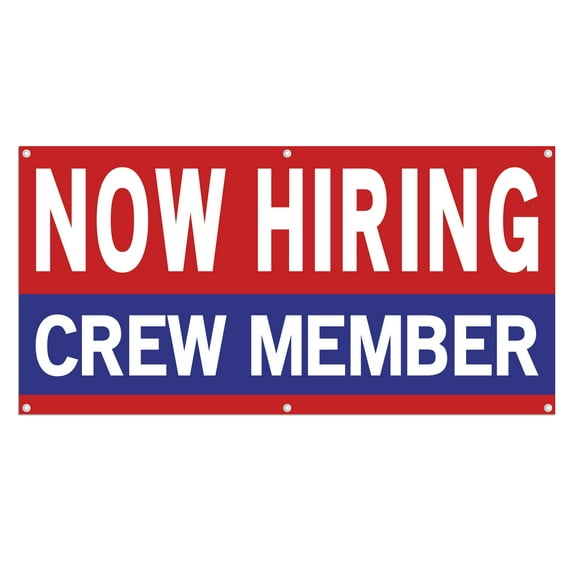 Now Hiring Crew Member 13 oz Heavy Duty Vinyl Banner Crew Member Jobs Available Help Wanted Sign for Business Advertising Indoor/Outdoor Single-Sided with Metal Grommets (1.5x5 ft, Re & Wh & Bl)