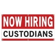 thumbnail image 1 of Now Hiring Custodians 13 oz Heavy Duty Vinyl Banner Custodian Jobs Available Custodial Help Wanted Sign for Business Advertising Indoor/Outdoor Single-Sided w/ Metal Grommets (1.5x5 ft, Wh & Re & Bk), 1 of 6