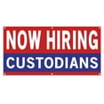 thumbnail image 1 of Now Hiring Custodians 13 oz Heavy Duty Vinyl Banner Custodian Jobs Available Custodial Help Wanted Sign for Business Advertising Indoor/Outdoor Single-Sided w/ Metal Grommets (3x5 ft, Re & Wh & Bl), 1 of 6