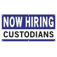 thumbnail image 1 of Now Hiring Custodians 13 oz Heavy Duty Vinyl Banner Custodian Jobs Available Custodial Help Wanted Sign for Business Advertising Indoor/Outdoor Single-Sided w/ Metal Grommets (1.5x5 ft, Wh & Bl & Bk), 1 of 6