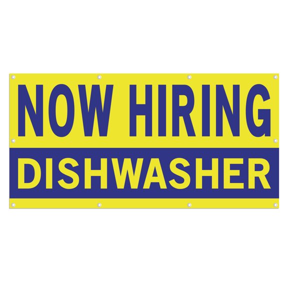 Now Hiring Dishwasher 13 oz Heavy Duty Vinyl Banner Dishwasher Jobs Available Help Wanted Sign for Business Advertising Indoor/Outdoor Single-Sided with Metal Grommets (4x8 ft, Ye & Bl)