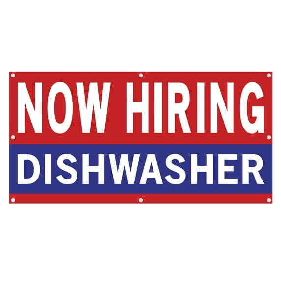 Now Hiring Dishwasher 13 oz Heavy Duty Vinyl Banner Dishwasher Jobs Available Help Wanted Sign for Business Advertising Indoor/Outdoor Single-Sided with Metal Grommets (4x6 ft, Re & Wh & Bl)