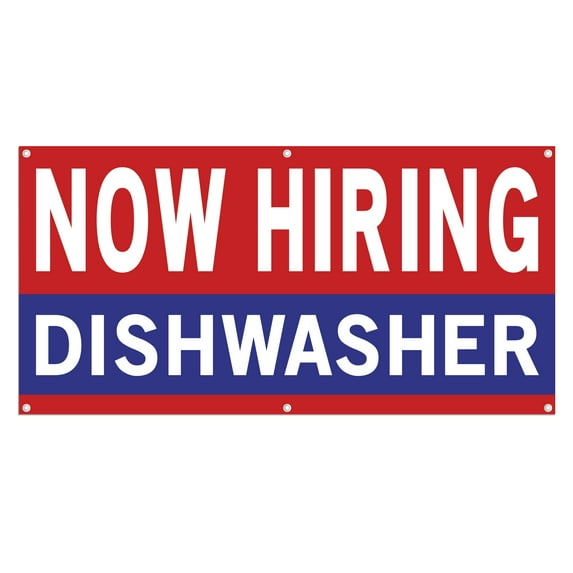 Now Hiring Dishwasher 13 oz Heavy Duty Vinyl Banner Dishwasher Jobs Available Help Wanted Sign for Business Advertising Indoor/Outdoor Single-Sided with Metal Grommets (1.5x5 ft, Re & Wh & Bl)