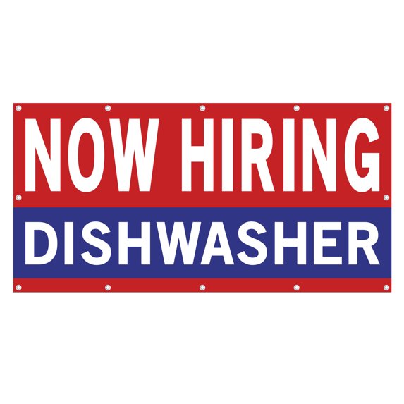 Now Hiring Dishwasher 13 oz Heavy Duty Vinyl Banner Dishwasher Jobs Available Help Wanted Sign for Business Advertising Indoor/Outdoor Single-Sided with Metal Grommets (4x10 ft, Re & Wh & Bl)