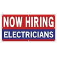 thumbnail image 1 of Now Hiring Electricians 13 oz Heavy Duty Vinyl Banner Electrician Jobs Available Help Wanted Sign for Business Advertising Indoor/Outdoor Single-Sided with Metal Grommets (4x6 ft, Re & Wh & Bl), 1 of 6