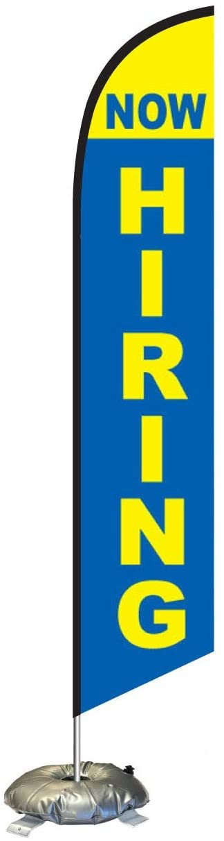 Now Hiring Feather Flag Kit with Cross-Base and Weight-Donut, Outdoor Advertising Banner Swooper Flag, Blue and Yellow