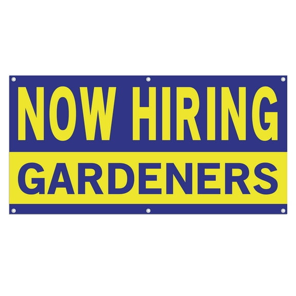 Now Hiring Gardeners 13 oz Heavy Duty Vinyl Banner Jobs Available Groundskeeper Help Wanted Sign for Business Advertising Indoor/Outdoor Single-Sided with Metal Grommets (1.5x5 ft, Bl & Ye)