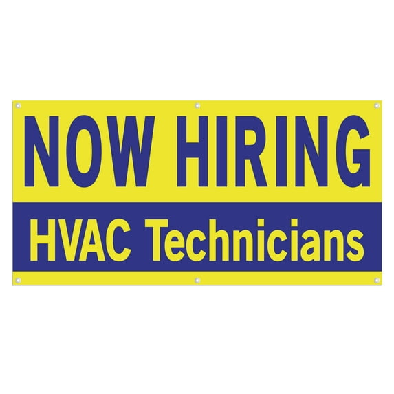 Now Hiring HVAC Technicians 13 oz Heavy Duty Vinyl Banner Technician Jobs Available Help Wanted Sign for Business Advertising Indoor/Outdoor Single-Sided with Metal Grommets (3x5 ft, Ye & Bl)