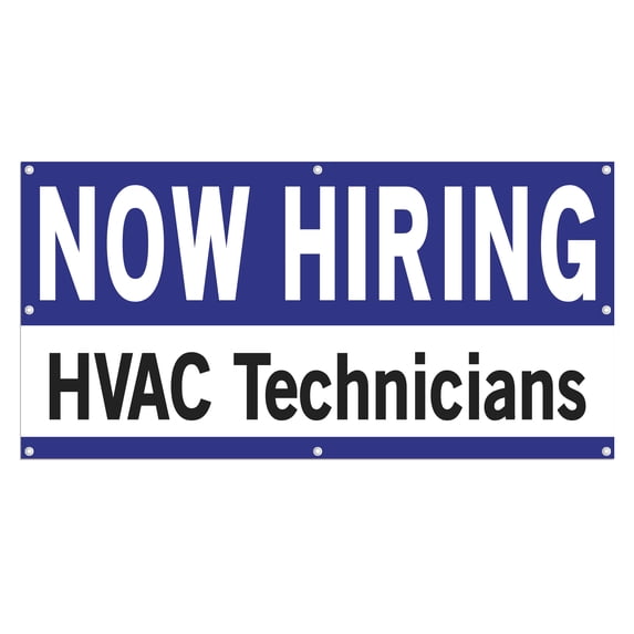 Now Hiring HVAC Technicians 13 oz Heavy Duty Vinyl Banner Technician Jobs Available Help Wanted Sign for Business Advertising Indoor/Outdoor Single-Sided with Metal Grommets (4x6 ft, Wh & Bl & Bk)