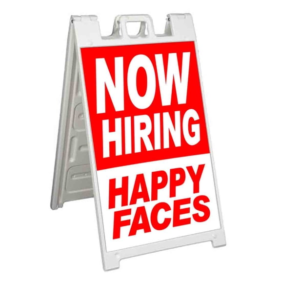 Now Hiring Happy Faces (24" X 36") Standard A-Frame Signicade, Includes Decal Applied To Stand