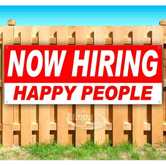 Now Hiring Happy People 13 oz Vinyl Banner With Metal Grommets