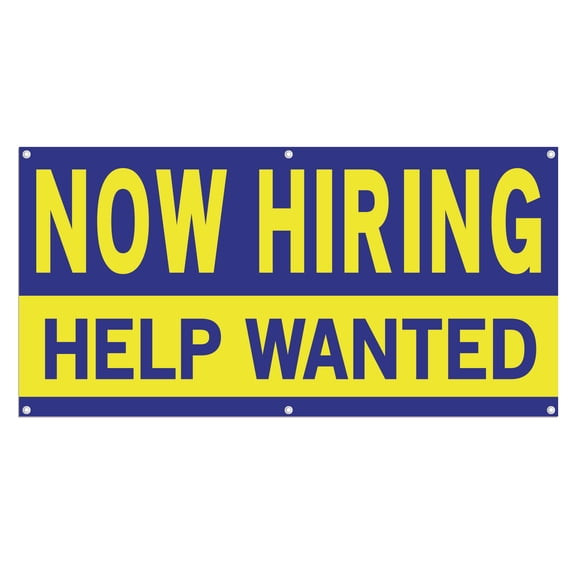 Now Hiring Help Wanted 13 oz Heavy Duty Vinyl Banner All Position Jobs Available Help Wanted Sign for Business Advertising Indoor/Outdoor Single-Sided with Metal Grommets (3x5 ft, Bl & Ye)