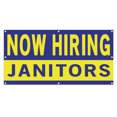 thumbnail image 1 of Now Hiring Janitors 13 oz Heavy Duty Vinyl Banner Janitor Jobs Available Custodian Help Wanted Sign for Business Advertising Indoor/Outdoor Single-Sided with Metal Grommets (4x6 ft, Bl & Ye), 1 of 6