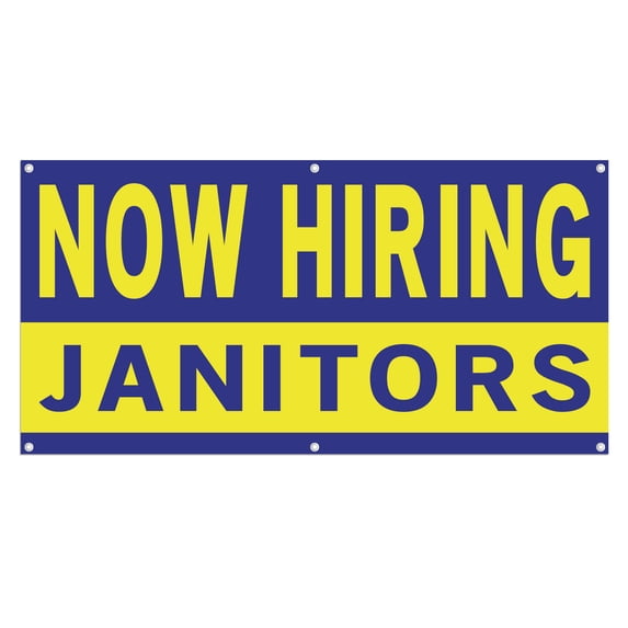 Now Hiring Janitors 13 oz Heavy Duty Vinyl Banner Janitor Jobs Available Custodian Help Wanted Sign for Business Advertising Indoor/Outdoor Single-Sided with Metal Grommets (2x5 ft, Bl & Ye)
