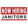 thumbnail image 1 of Now Hiring Janitors 13 oz Heavy Duty Vinyl Banner Janitor Jobs Available Custodian Help Wanted Sign for Business Advertising Indoor/Outdoor Single-Sided with Metal Grommets (1.5x5 ft, Wh & Re & Bk), 1 of 6