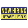 thumbnail image 1 of Now Hiring Jewelers 13 oz Heavy Duty Vinyl Banner Jeweler Jobs Available Goldsmith Help Wanted Sign for Business Advertising Indoor/Outdoor Single-Sided with Metal Grommets (4x6 ft, Bl & Ye), 1 of 6