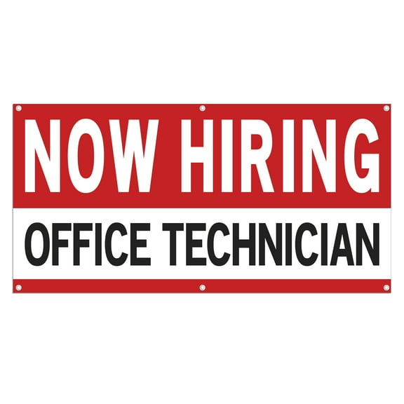 Now Hiring Office Technician 13 oz Heavy Duty Vinyl Banner Office Technician Jobs Available Technicians Help Wanted Sign Indoor/Outdoor Single-Sided with Metal Grommets (1.5x5 ft, Wh & Re & Bk)