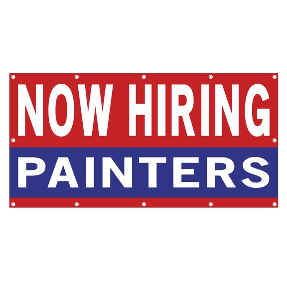 Now Hiring Painters 13 oz Heavy Duty Vinyl Banner Painter Jobs Available Work Help Wanted Sign for Business Advertising Indoor/Outdoor Single-Sided with Metal Grommets (4x10 ft, Re & Wh & Bl)