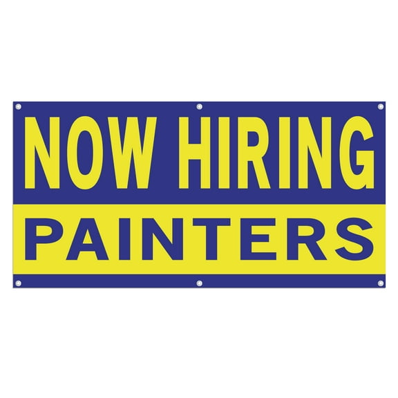 Now Hiring Painters 13 oz Heavy Duty Vinyl Banner Painter Jobs Available Work Help Wanted Sign for Business Advertising Indoor/Outdoor Single-Sided with Metal Grommets (1.5x5 ft, Bl & Ye)