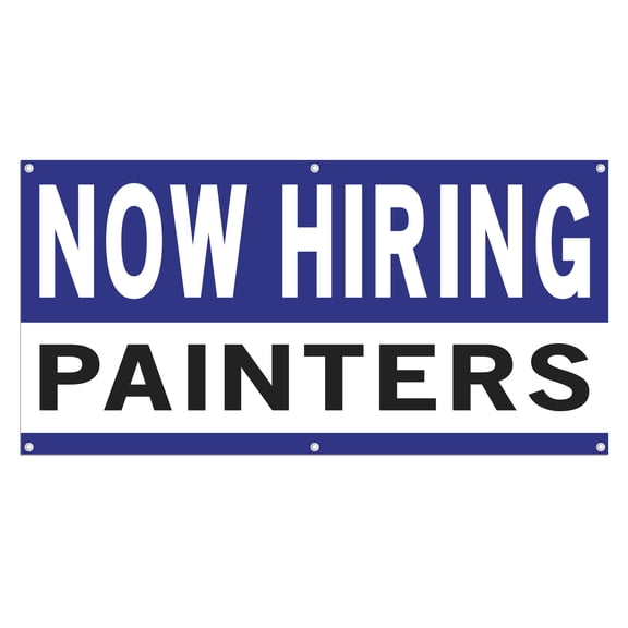 Now Hiring Painters 13 oz Heavy Duty Vinyl Banner Painter Jobs Available Work Help Wanted Sign for Business Advertising Indoor/Outdoor Single-Sided with Metal Grommets (1.5x5 ft, Wh & Bl & Bk)