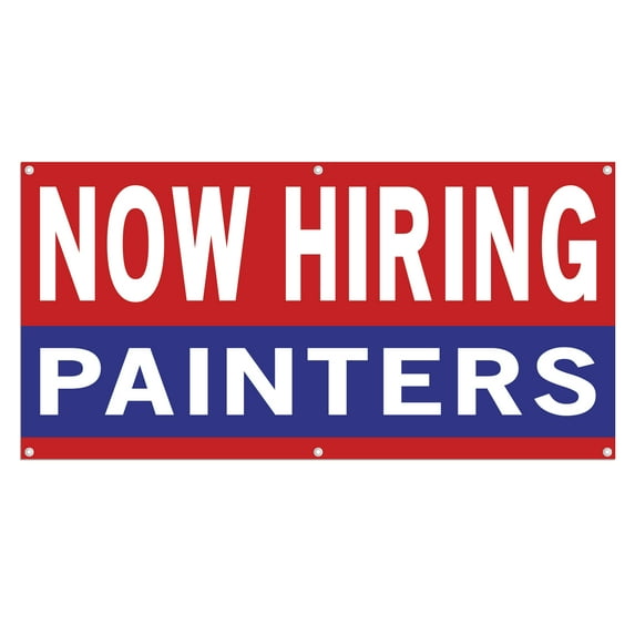 Now Hiring Painters 13 oz Heavy Duty Vinyl Banner Painter Jobs Available Work Help Wanted Sign for Business Advertising Indoor/Outdoor Single-Sided with Metal Grommets (2x5 ft, Re & Wh & Bl)