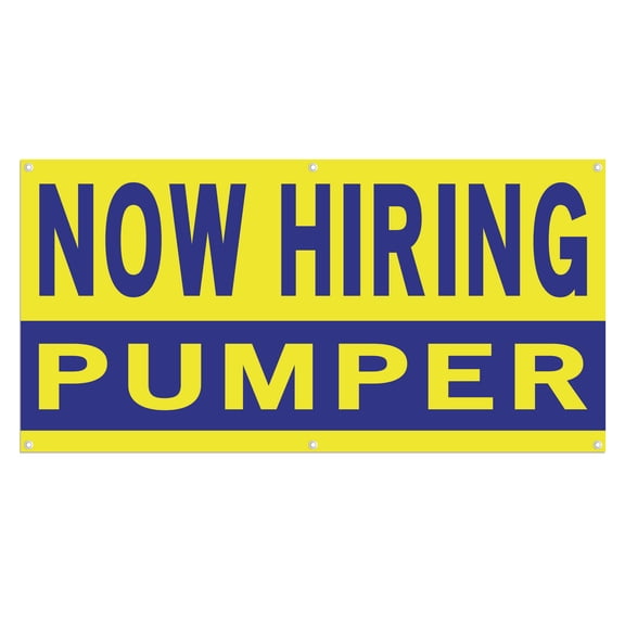 Now Hiring Pumper 13 oz Heavy Duty Vinyl Banner Pumper Jobs Available Lease Operator Help Wanted Sign for Business Indoor/Outdoor Single-Sided with Metal Grommets (1.5x5 ft, Ye & Bl)