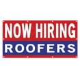 thumbnail image 1 of Now Hiring Roofers 13 oz Heavy Duty Vinyl Banner Roofing Jobs Available Help Wanted Sign for Business Advertising Indoor/Outdoor Single-Sided with Metal Grommets (4x8 ft, Re & Wh & Bl), 1 of 6