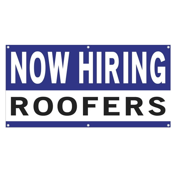 Now Hiring Roofers 13 oz Heavy Duty Vinyl Banner Roofing Jobs Available Help Wanted Sign for Business Advertising Indoor/Outdoor Single-Sided with Metal Grommets (1.5x5 ft, Wh & Bl & Bk)