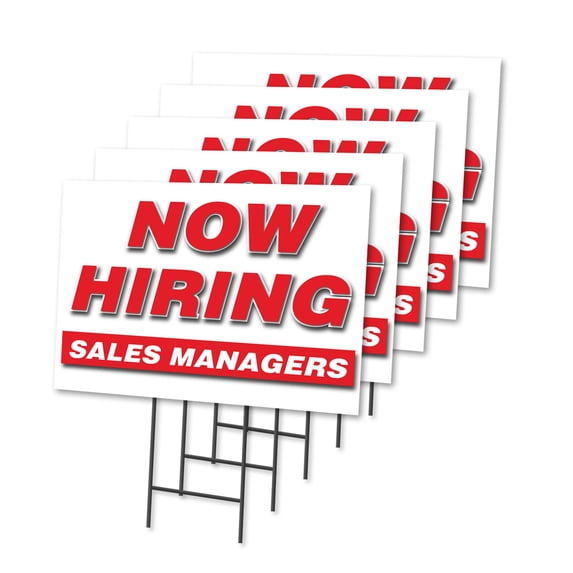 Now Hiring Sales Managers 5 Pack Of 18" x 24" Yard Sign & Stake | Advertise Your Business | Stake Included Image On Both Sides | Made in The USA