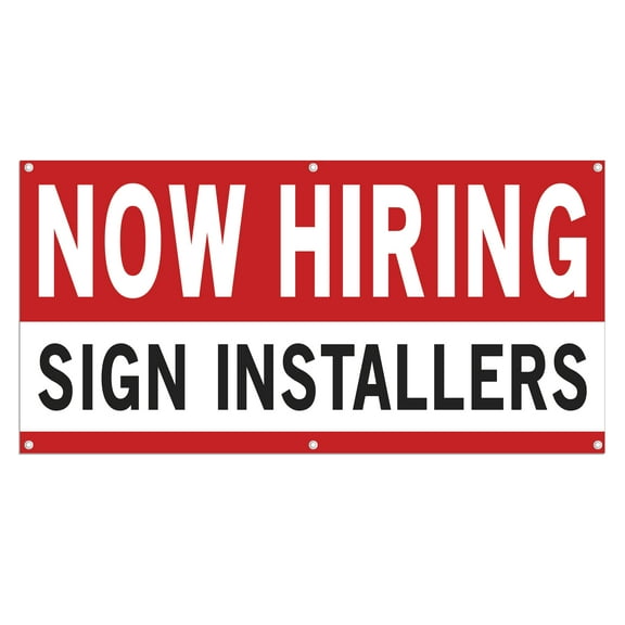 Now Hiring Sign Installers 13 oz Heavy Duty Vinyl Banner Sign Installer Jobs Available Help Wanted Sign for Business Advertising Indoor/Outdoor Single-Sided w/ Metal Grommets (1.5x5 ft, Wh & Re & Bk)